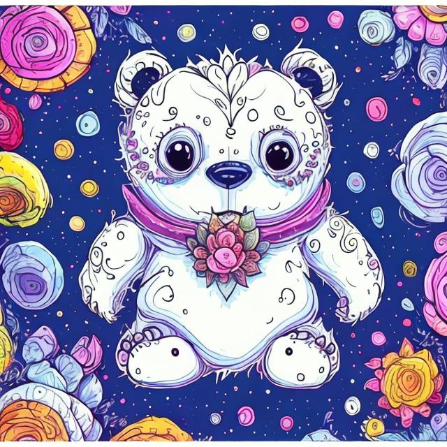 Prompt: 
a funny, square, anthropomorphic awkward full-length  small white bear in the style of Tim Burton, surrounded by beautiful flowers, snow and mini cosmic stars. drawing in the style of a very bright colorful anti-stress coloring book, high quality