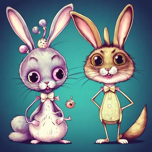 Prompt: Funny illustration of a anthropomorphic rabbit and cat in beautiful dresses , Tim Burton style eyes, bright and colorful, whimsical bright colorful background, comical expressions, high quality, detailed fur, playful, cartoonish, vibrant colors, imaginative lighting