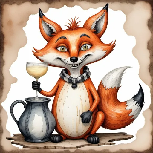 Prompt: 

funny cartoon fox and jug in the style of Tim Burton in a mixed style raised watercolor, grotesque, ink + felting effect wool felting
The fox is at a loss how to get sour cream.
super-detailed image, photorealism, sketching effect
interesting 3d doodling background rustic
600 dpi 