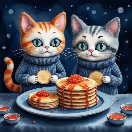 Prompt: 
two funny cartoon cats in knitted sweaters with pancakes on a plate and a jar of red caviar in the style of Tim Burton in a mixed style volumetric watercolor, ink + felting effect of wool
super-detailed image, photorealism, sketching effect
interesting 3d doodling dusty dark blue background interspersed with sparkles and glitter 600 dpi 