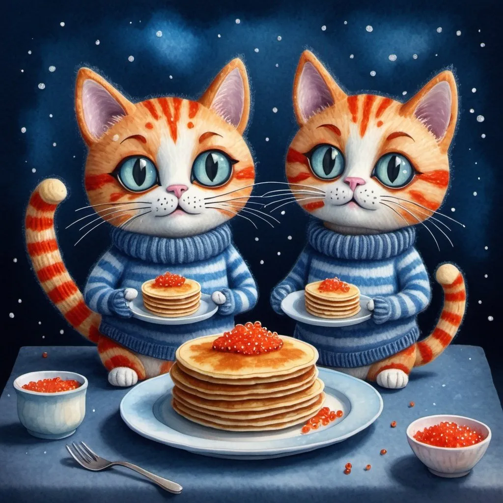 Prompt: 
two funny cartoon cats in knitted sweaters with pancakes on a plate and a jar of red caviar in the style of Tim Burton in a mixed style volumetric watercolor, ink + felting effect of wool
super-detailed image, photorealism, sketching effect
interesting 3d doodling dusty dark blue background interspersed with sparkles and glitter 600 dpi 