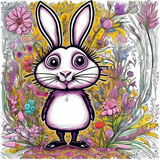 Prompt: 
a funny, square, anthropomorphic awkward full-length rabbit on thin legs in the style of Tim Burton, surrounded by beautiful flowers. drawing in the style of a very bright colorful anti-stress coloring book, high quality