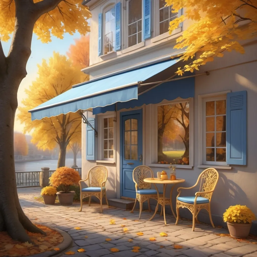 Prompt: (fantasy style setting), (pastel color scheme), two chairs and a table beneath a tree with golden-yellow leaves, quaint blue awning above, enveloped in an autumn ambiance, inspired by Evgeny Lushpin’s artwork, gentle tilt-shift effect, serene atmosphere, vivid details, (highly intricate and ultra-detailed), capturing the essence of a tranquil outdoor gathering. 