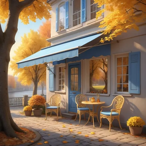 Prompt: (fantasy style setting), (pastel color scheme), two chairs and a table beneath a tree with golden-yellow leaves, quaint blue awning above, enveloped in an autumn ambiance, inspired by Evgeny Lushpin’s artwork, gentle tilt-shift effect, serene atmosphere, vivid details, (highly intricate and ultra-detailed), capturing the essence of a tranquil outdoor gathering. 