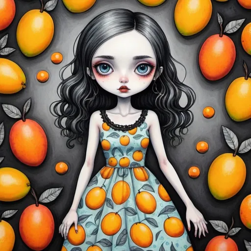 Prompt: 
cute girl with mangoes  in the style of Tim Burton in a dress with a mango and oranges pattern
painting with pastels, felt-tip pens and wet ink
in detail
colorful
don't take your eyes off