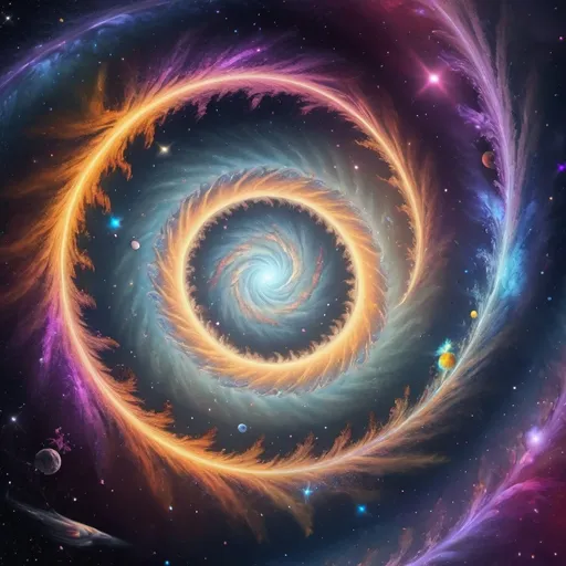 Prompt: Galactic spiral in space with planets, stars, meteors, flying flowers, vibrant cosmic colors, high-res, digital art, surreal, dreamy, glowing light, ethereal atmosphere, celestial elements, cosmic fantasy, space art, vibrant nebulas, interstellar journey