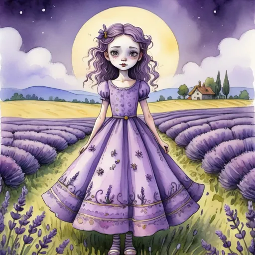 Prompt: a cartoon lavender girl in a wonderful dress in the style of Tim Burton is standing in a field of lavender, a sweet mood, a bright beautiful sky, it’s getting dark.
picture for a children's story

naive children's drawing, volumetric watercolor, pencils, grotesque.
primitive
outlining with gold gel pen
fantastic art