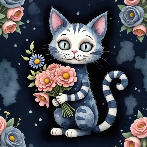 Prompt: 



funny cartoon cat with a bouquet of unknown beautiful flowers in the style of Tim Burton in a mixed style volumetric watercolor, ink + felting effect of wool felting
super-detailed image, photorealism, sketching effect
interesting 3d doodling dusty navy background spring
interspersed with glitter crumbs
600 dpi