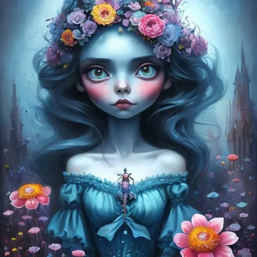 Prompt: Very beautiful girl in blue dress with flowers, big eyes, Tim Burton style, tall girl, bright colors, 800k quality, pencil painting, detailed features, whimsical, gothic, vibrant, surreal lighting