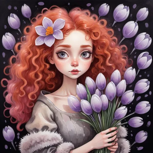 Prompt: a cute girl with red hair with curls and now a fur coat is holding a bouquet of crocuses in the style of Tim Burton
Painting with pastels, felt-tip pens and wet paints
detailed
colorful
pastel colors paintings
white, soft beige, smoky lilac
don't take your eyes off