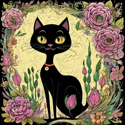 Prompt: 
a funny, square, anthropomorphic awkward full-length black cat wearing in the beautiful dress on thin legs in the style of Tim Burton, surrounded by beautiful flowers. drawing in the style of a very bright colorful anti-stress coloring book, high quality, background snow