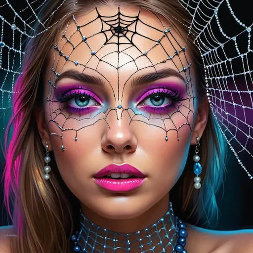 Prompt: 

digital painting, dramatic colorful makeup, fashion, beautiful high gaze, realistic image, vibrant colors, super detailed, high resolution, professional, dramatic, realistic, vibrant colors, detailed facial features, glamorous lighting.
spider web with beads, pearls foreground, neon microweb