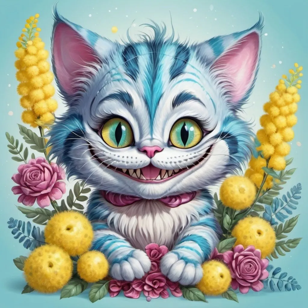 Prompt: 
beautiful cute baby Cheshire cat with a huge bouquet of yellow mimosa, very detailed, background with ornaments.
bright detailed eyes
The background is joyful, fun, spring and stylish.
fine drawing of fur
bright colors pastel blue, blue, burgundy, emerald yellow, pink
shabby chic style
600 dpi
1000k 