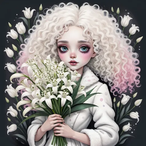 Prompt: 
cute girl with white curly hair and a white fur coat holds in her hands a bouquet of white lilies of the valley in the style of Tim Burton
painting with pastels, felt-tip pens and wet ink
in detail
colorful
pastel colors paintings
white, soft beige, smoky pink
don't take your eyes off