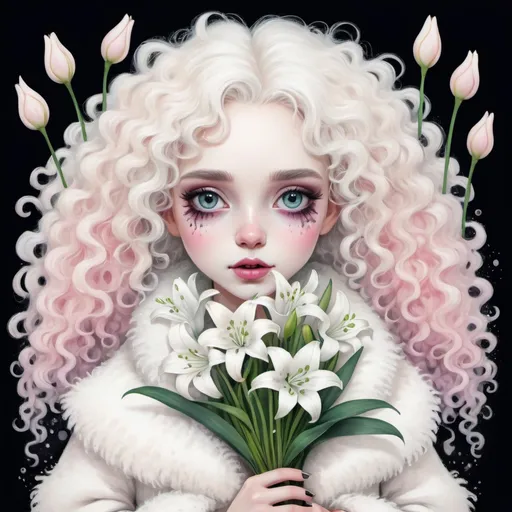 Prompt: 
cute girl with white curly hair and a white fur coat holds in her hands a bouquet of white lilies of the valley in the style of Tim Burton
painting with pastels, felt-tip pens and wet ink
in detail
colorful
pastel colors paintings
white, soft beige, smoky pink
don't take your eyes off