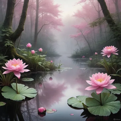 Prompt: Photorealistic painting of pink flowers in a pond, foggy forest background, Anne Stokes style, fantasy art, detailed petals and leaves, misty atmosphere, serene nature, high quality, photorealistic, Anne Stokes style, fantasy art, pink flowers, pond, foggy forest, detailed, misty atmosphere, serene, nature