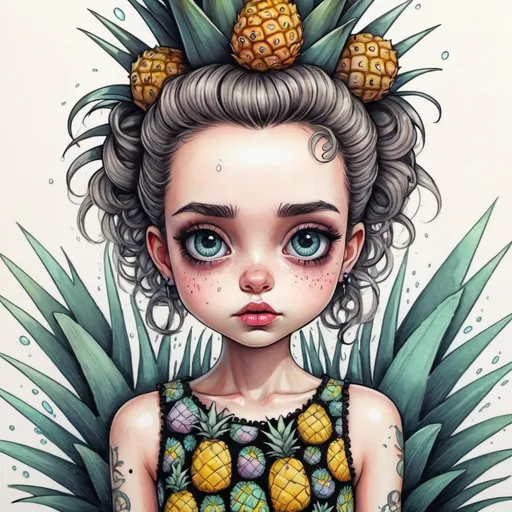 Prompt: Cute girl with pineapples, Tim Burton style, pineapple-patterned dress, pastels, felt-tip pens, wet ink, colorful, intense gaze, detailed illustration, professional quality, professional, artistic, Tim Burton, colorful, unique, pineapple pattern, detailed eyes, dress with pineapples, pastels, felt-tip pens, wet ink