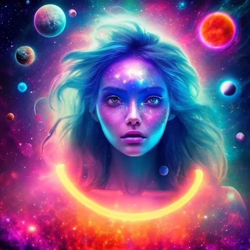 Prompt: 

Cosmic unearthly beauty girl against the backdrop of a glowing neon solar system.
beautiful, perfect body, perfect glowing skin.
800k, Full HD,
close-up.
background space, nebula, microstars, sparkles, miniplanets
perfect eyes and beautiful eyes
gorgeous hair turns into nebula
ultra-high detail
