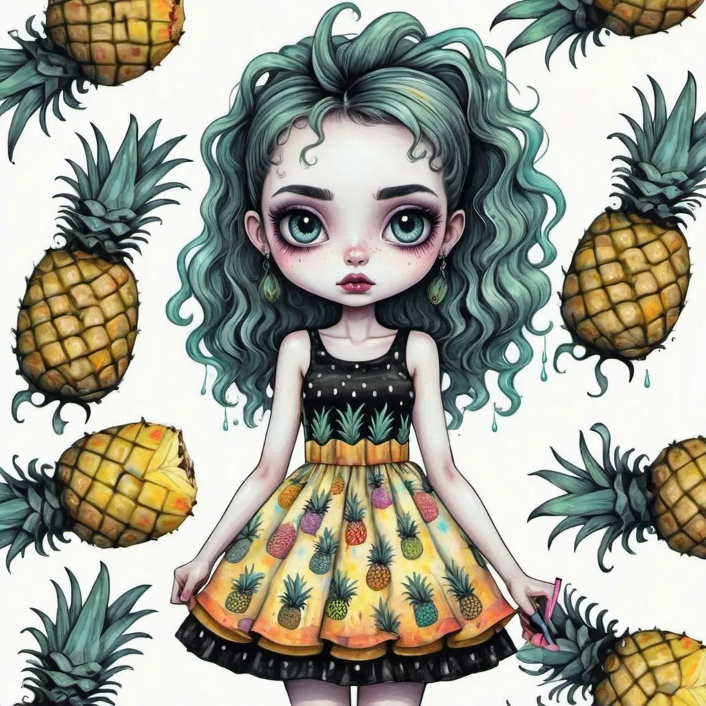 Prompt: 
cute girl with pineapples in the style of Tim Burton in a dress with a pineapple pattern
painting with pastels, felt-tip pens and wet ink
in detail
colorful
don't take your eyes off