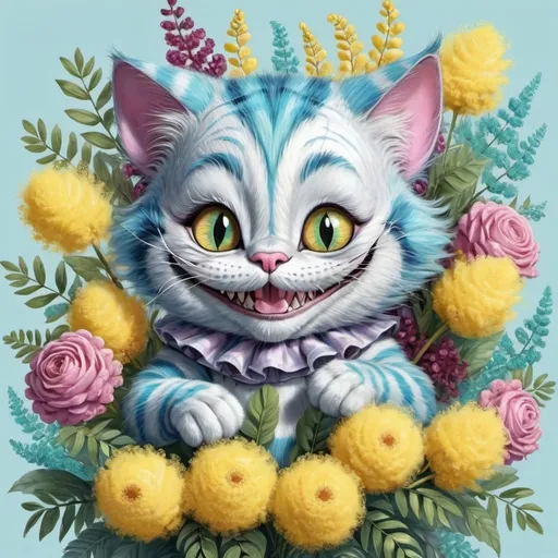 Prompt: 
beautiful cute baby Cheshire cat with a huge bouquet of yellow mimosa, very detailed, background with ornaments.
bright detailed eyes
The background is joyful, fun, spring and stylish.
fine drawing of fur
bright colors pastel blue, blue, burgundy, emerald yellow, pink
shabby chic style
600 dpi
1000k 
