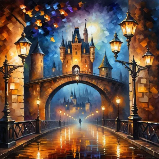 Prompt: 
Beautiful bridge in steampunk style, lanterns, glow, very atmospheric, the castle is visible in the background, detailed matte bokeh painting, dynamic lighting and the use of a palette knife like Leonid Afremov