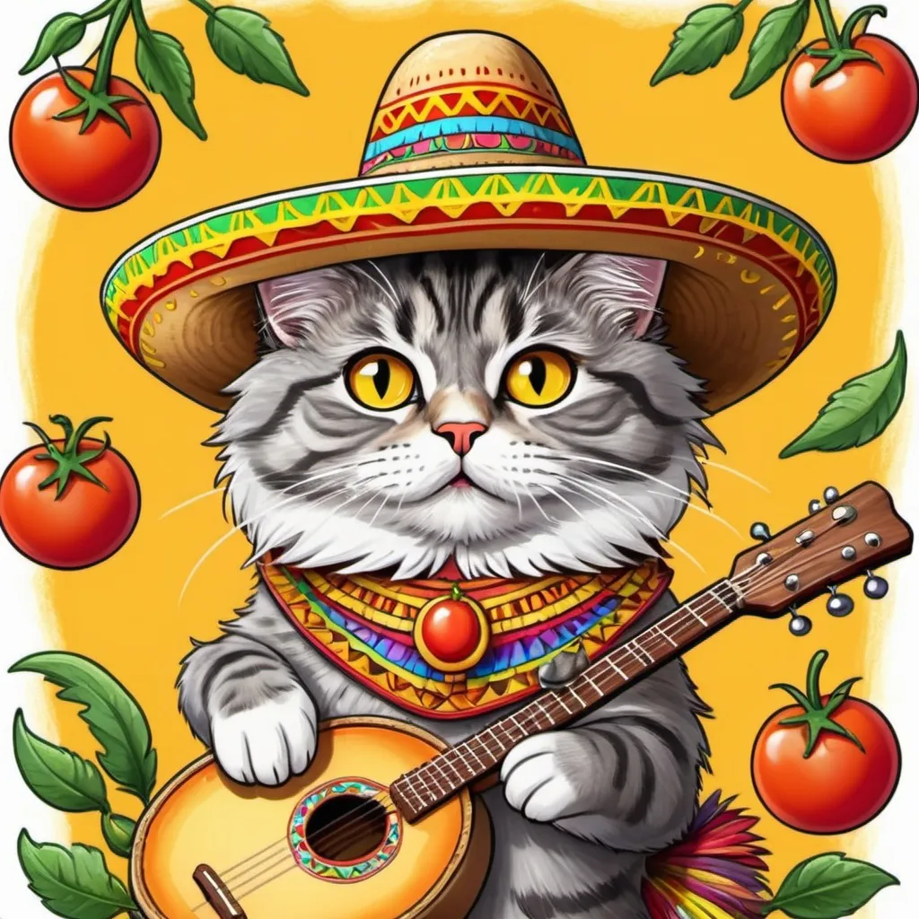 Prompt: Funny fierce cartoon gray tabby fluffy cat with round amber-yellow eyes in a bright multi-colored Latin American huge sambrero and with banjo tramples juicy tomatoes
cartoon
caricature
high quality
beautiful bright background
1000k
drawing with pencils, felt-tip pens and ink
drawing details
pixel processing
beautiful correct light in the frame on objects