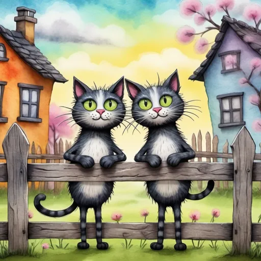 Prompt: 
funny two cartoon March cats near the fence in the village in the style of Tim Burton in a mixed style of watercolor, ink + felting effect of wool felting sends kisses and love to everyone.
super-detailed image, photorealism, sketching effect
interesting 3d doodling background spring
600 dpi 