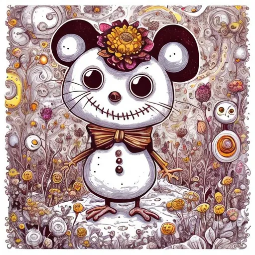 Prompt: 
a funny, square, anthropomorphic awkward full-length  small brown and white mouse in the style of Tim Burton, surrounded by beautiful flowers, snow and mini cosmic stars. drawing in the style of a very bright colorful anti-stress coloring book, high quality