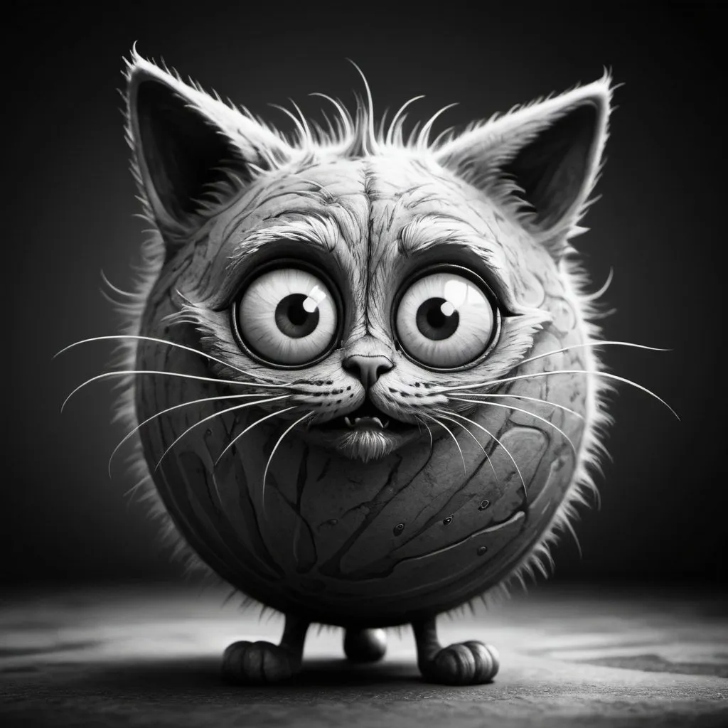 Prompt: Funny cartoon small cat-ball on thin legs, Tim Burton style, monochrome, whimsical background, detailed fur, exaggerated features, high quality, Tim Burton, cartoon, monochrome tones, whimsical, detailed, thin legs, cartoon style, funny, exaggerated features, whimsical background