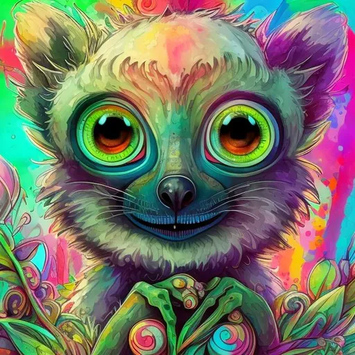Prompt: 
A cute lemur with large bulging bright unusual eyes in the style of Tim Burton stands in the middle of a fabulous mysterious tropical forest.
the finest detailing of fur.
bright colors.
a beautiful 3d background to be viewed.
style mixing liner, marker, watercolor, gouache.
filigree, detailed, abstract
art
subtle drawings
bright beautiful colors