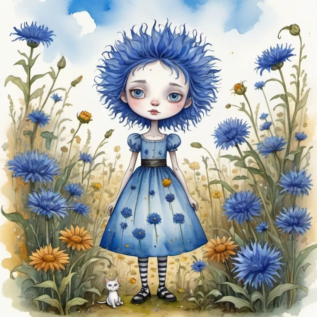 Prompt: 
a cartoon cornflower girl in a wonderful dress in the style of Tim Burton stands in the middle of a garden with cornflowers and a cat, sweet mood, bright beautiful sky.
picture for a children's story

naive children's drawing, convex volumetric watercolor, pencils, grotesque.
primitive
Stroke with gold glitter gel pen
fantastic art
gold leaf inclusions