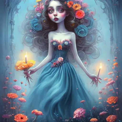 Prompt: Very beautiful girl in blue dress with flowers, big eyes, Tim Burton style, tall girl, bright colors, 800k quality, pencil painting, detailed features, whimsical, gothic, vibrant, surreal lighting