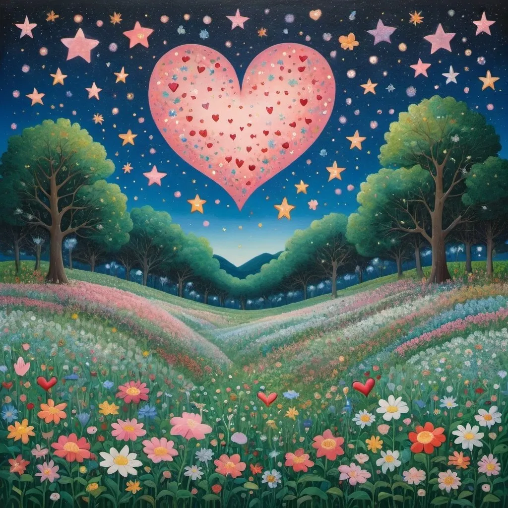 Prompt: a painting of hearts and stars in the sky above a field of flowers and trees with leaves and stars, Chiho Aoshima, naive art, detailed painting, a detailed painting