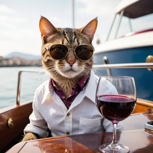 Prompt: a cat wearing sunglasses and a shirt on a boat with a glass of wine in front of it and a bottle of wine in the background, Carlos Catasse, maximalism, stylish, a microscopic photo