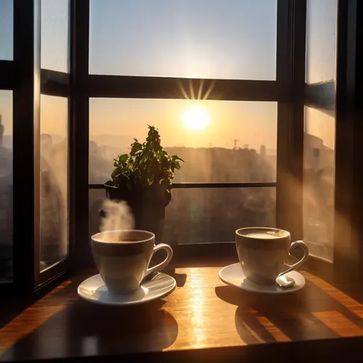 Prompt: A morning cup of steaming coffee stands on the windowsill overlooking the sunrise. beautiful light, correct interesting framing, a feeling of comfort and good morning. high quality picture, detailed picture, 800k