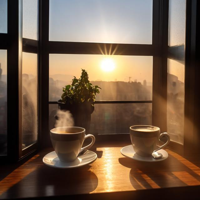 Prompt: A morning cup of steaming coffee stands on the windowsill overlooking the sunrise. beautiful light, correct interesting framing, a feeling of comfort and good morning. high quality picture, detailed picture, 800k