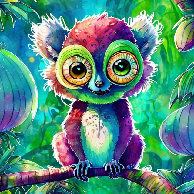 Prompt: 
A cute lemur with large bulging bright unusual eyes in the style of Tim Burton stands in the middle of a fabulous mysterious tropical forest.
the finest detailing of fur.
bright colors.
a beautiful 3d background to be viewed.
style mixing liner, marker, watercolor, gouache.
filigree, detailed, abstract
art
subtle drawings
bright beautiful colors