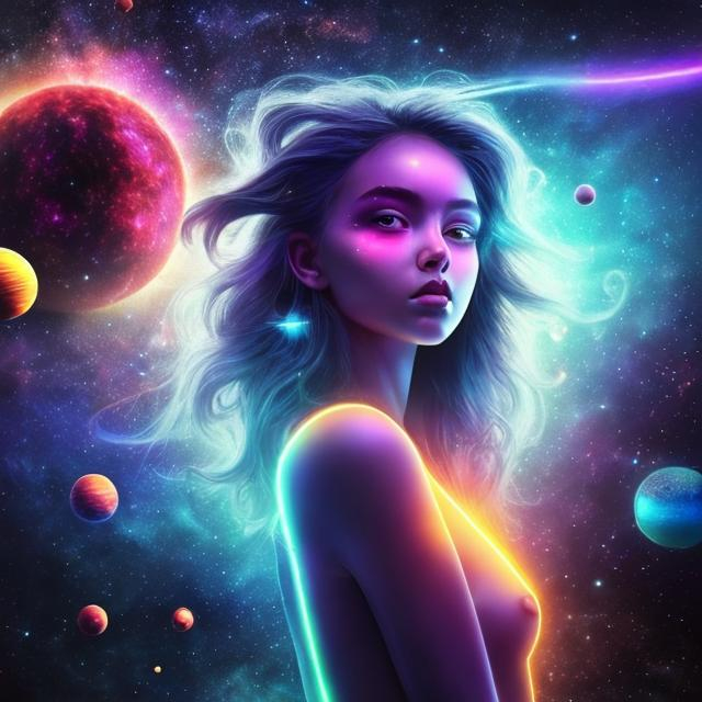 Prompt: 

Cosmic unearthly beauty girl against the backdrop of a glowing neon solar system.
beautiful, perfect body, perfect glowing skin.
800k, Full HD,
close-up.
background space, nebula, microstars, sparkles, miniplanets
perfect eyes and beautiful eyes
gorgeous hair turns into nebula
ultra-high detail