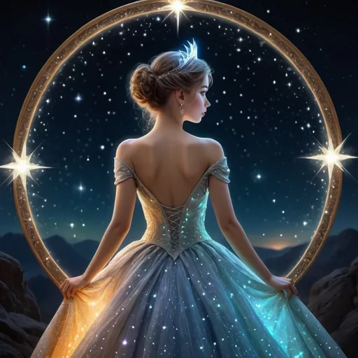 Prompt: 
A very beautiful princess in a dress of light and stars, view from the back.
The light of magic, sparkle and unearthly sparkle of diamonds.
Night, a mysterious phosphorescent, fluorescent glow, watches the starry sky.
The colors of the frame are magical, unearthly.
Digital painting, extremely detailed, fantasy, intricate, perfect, 800k.
Portrait, very attractive, beautiful, dynamic lighting, poster, close-up, high resolution, colorful, cinematic
