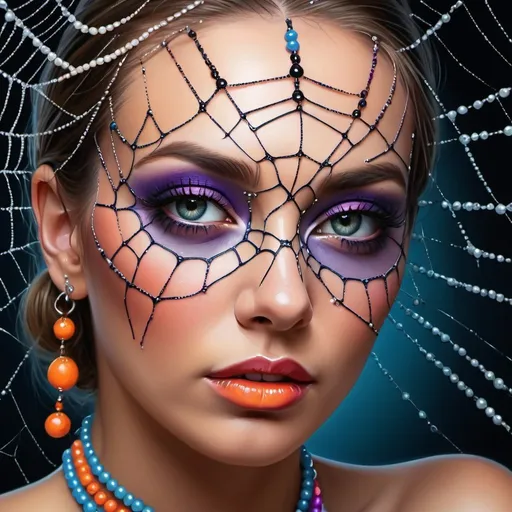 Prompt: 

digital painting, dramatic colorful makeup, fashion, beautiful high gaze, realistic image, vibrant colors, super detailed, high resolution, professional, dramatic, realistic, vibrant colors, detailed facial features, glamorous lighting.
spider web with beads, pearls foreground, neon microweb