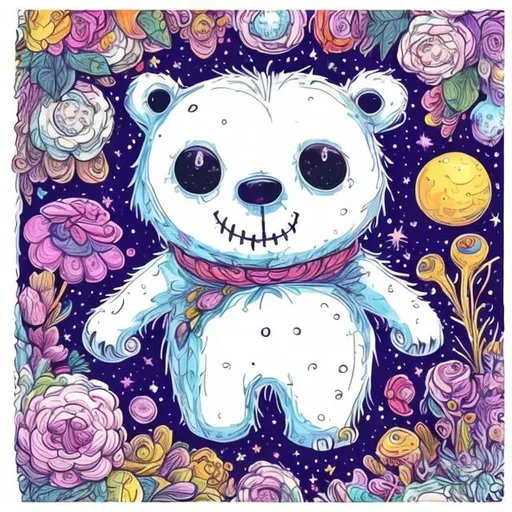 Prompt: 
a funny, square, anthropomorphic awkward full-length  small white bear in the style of Tim Burton, surrounded by beautiful flowers, snow and mini cosmic stars. drawing in the style of a very bright colorful anti-stress coloring book, high quality