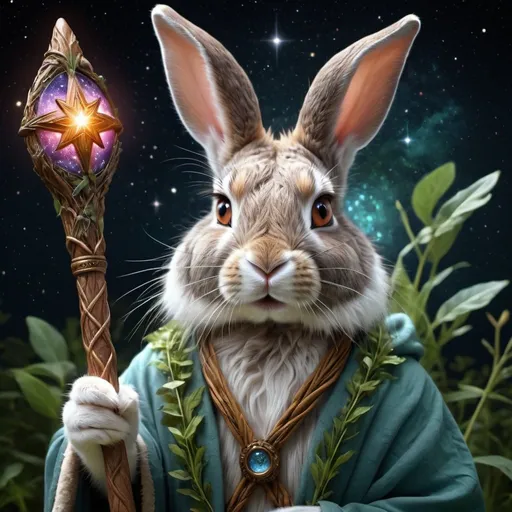 Prompt: 
Druid rabbit with a beautiful staff, dreamy, with star and cosmic motifs, story book style, greenery
very detailed and high quality
photorealism
hyperrealism
digital painting
detailed drawing of fur
different colored eyes
700 dpi
beautiful framing
still from the film
octane render
dark botanical
beautiful combination of colors in the frame
mysterious and magical