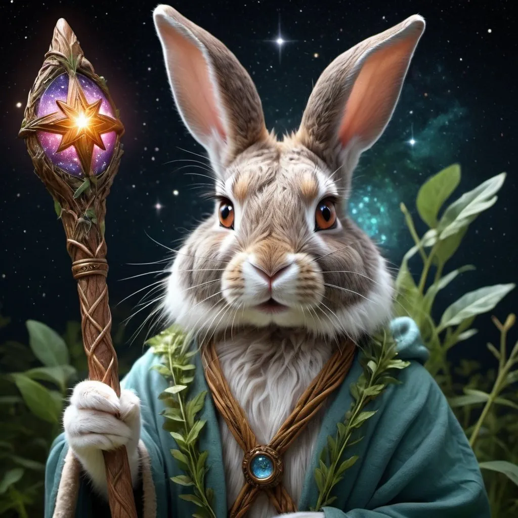 Prompt: 
Druid rabbit with a beautiful staff, dreamy, with star and cosmic motifs, story book style, greenery
very detailed and high quality
photorealism
hyperrealism
digital painting
detailed drawing of fur
different colored eyes
700 dpi
beautiful framing
still from the film
octane render
dark botanical
beautiful combination of colors in the frame
mysterious and magical