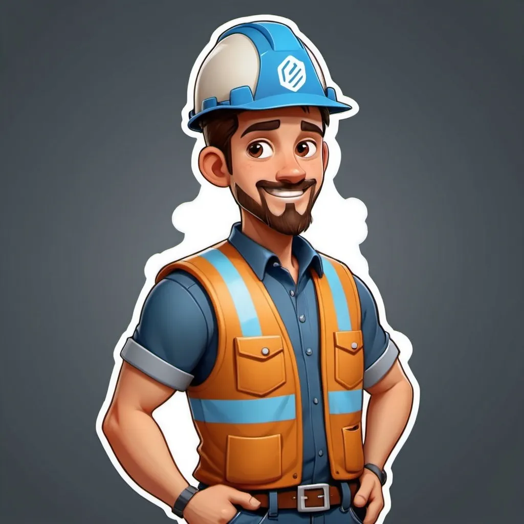 Prompt: Primer plano sticker de un trabajador de la construcción con cabello cafe expresivo, casco blanco  y un chaleco de seguridad azul. él está parado con una mano estirada con el pulgar arriba ,sonriente. Fondo sencillo,contorno sólido
gráfico de betalora,pegatina.