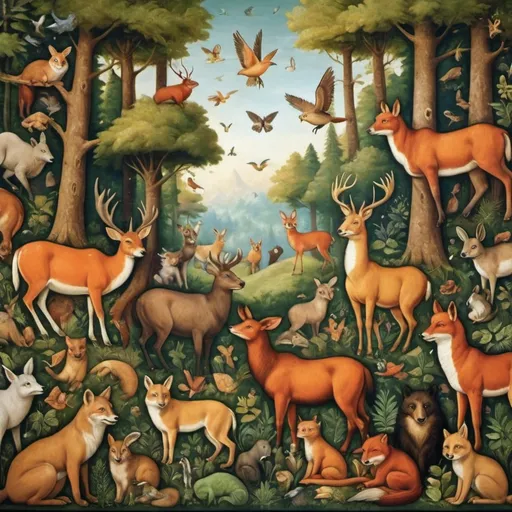 Prompt: positive future animals people happy ecology forest fresco renaissance
