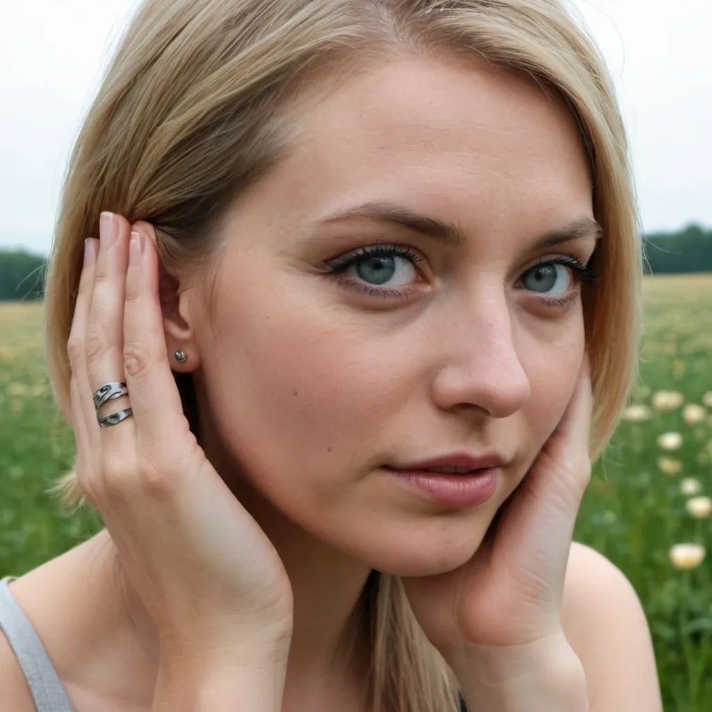 Prompt: Erstelle mir ein Bild, das eine Frau mit hellblonden langen Haaren, hellblauen Augen und einem Mittelscheitel zeigt. Sie hat glatte helle Haut, einen dunklen Tunnel im rechten Ohrläppchen, zwei Steckerohrringe übereinander im linken Ohrläppchen und einen Schmuckstecker links unten in der Lippe. Ihr Lipgloss glänzt, und ihre Wimpern sind mit dunkler Wimperntusche betont. Um ihren Hals trägt sie ein Tattoo einer Lotusblume und ein weiteres Tattoo, das über die beiden Schultern und über das Dekolleté geht. Das Tattoo hat das Muster von der Blume des Lebens. Sie ist in der Mitte des Bildes bis zum Anfang der brüste zu sehen. Sie schaut mich direkt an. Zufriedenheit, sie lächelt leicht. Die Sonne strahlt aus dem Hintergrund über eine große Wiese. Glück, die Wiese schimmert von der Sonne. Glücklich real, echter Mensch, spirituell