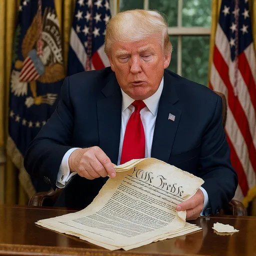 Prompt: Create a photo of Donald Trump tearing up the constitution.

