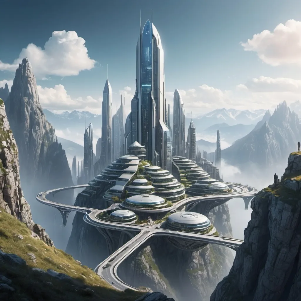 Prompt: A futuristic city in, on, and through a high mountain top.
