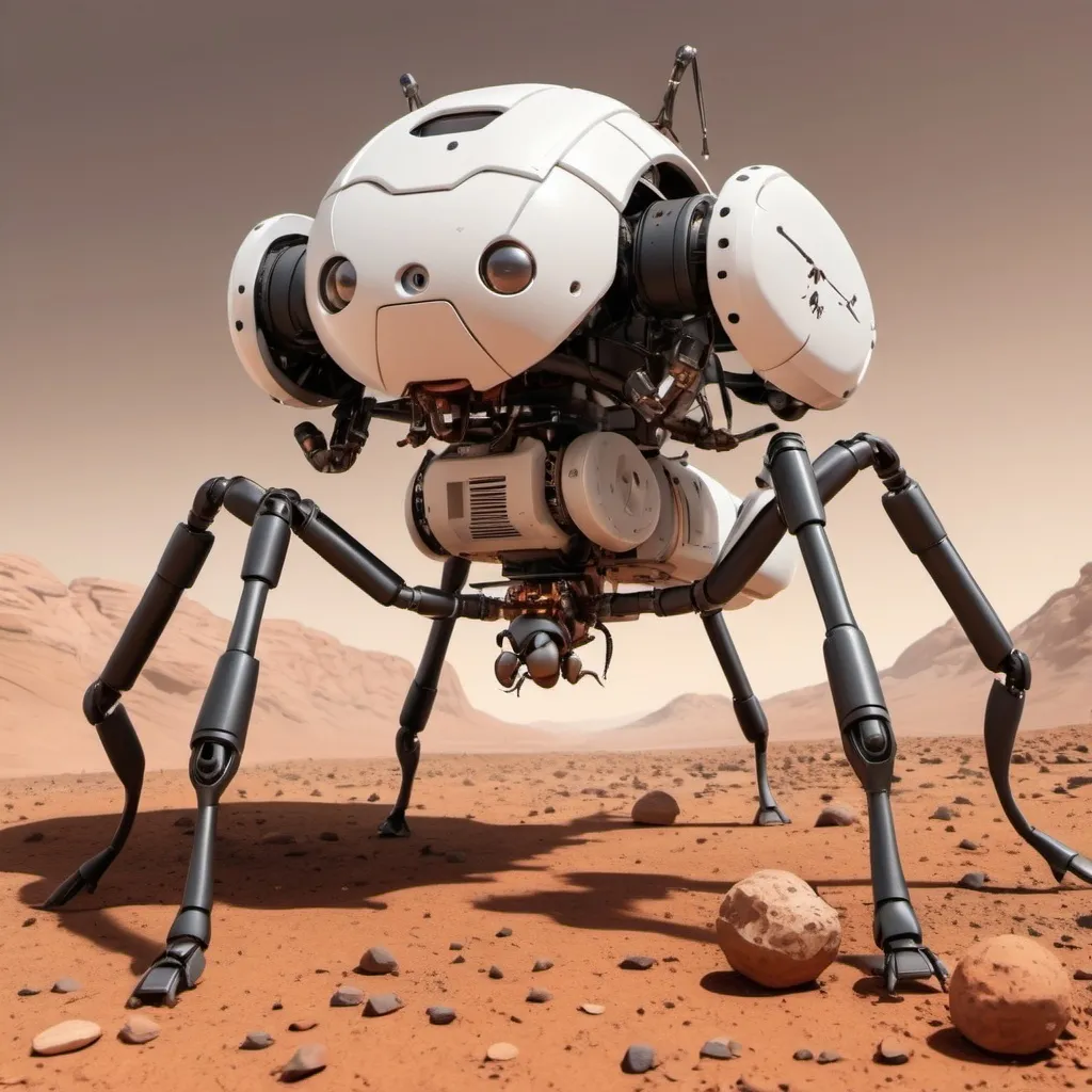 Prompt: A large mechanical ant on Mars.  It is a maintenance drone. 

It looks able to fix anything, and is a happy robot.

The mechanical ant Ant robot is carrying pieces to a shelter.