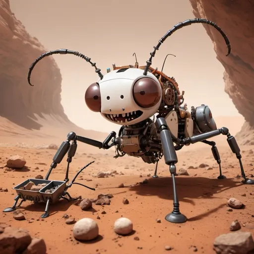 Prompt: A large mechanical ant on Mars with a mouth full of tools. 

It looks able to fix anything, and is a happy robot.

The Ant robot is helping make a shelter.